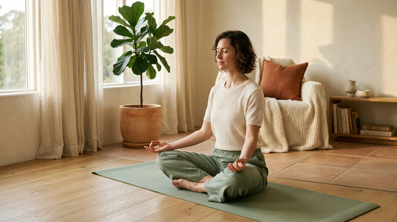 Personne en posture de yoga dans un intérieur lumineux