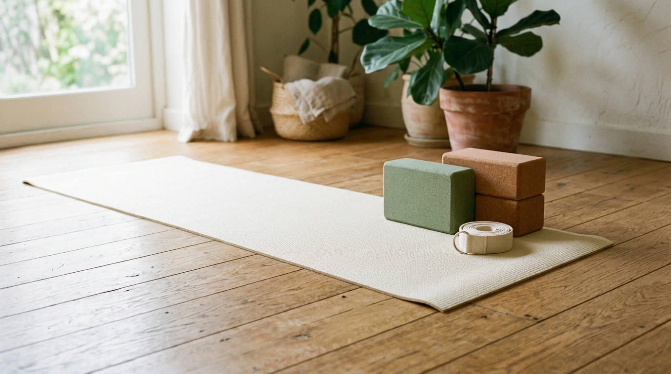 Tapis de yoga et accessoires de pratique posés au sol