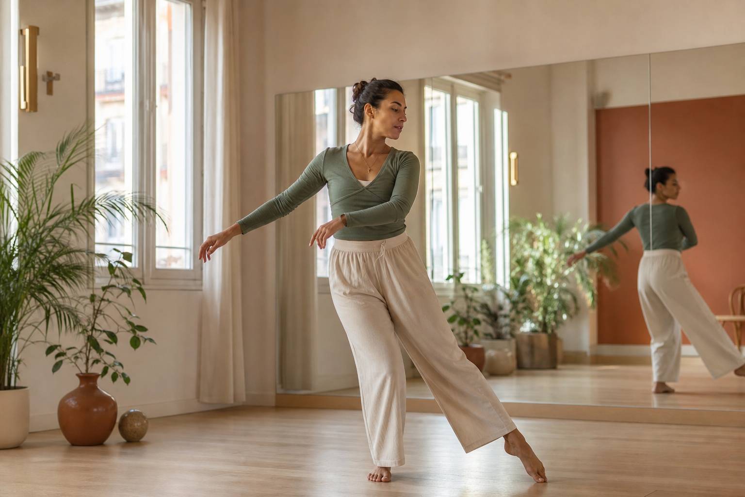 Personne adulte faisant des pas de danse seule dans un studio avec miroir