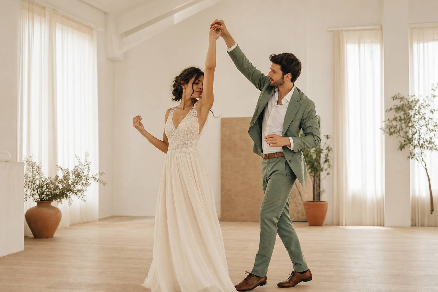 Couple repetant une choregraphie de danse de mariage dans un studio lumineux
