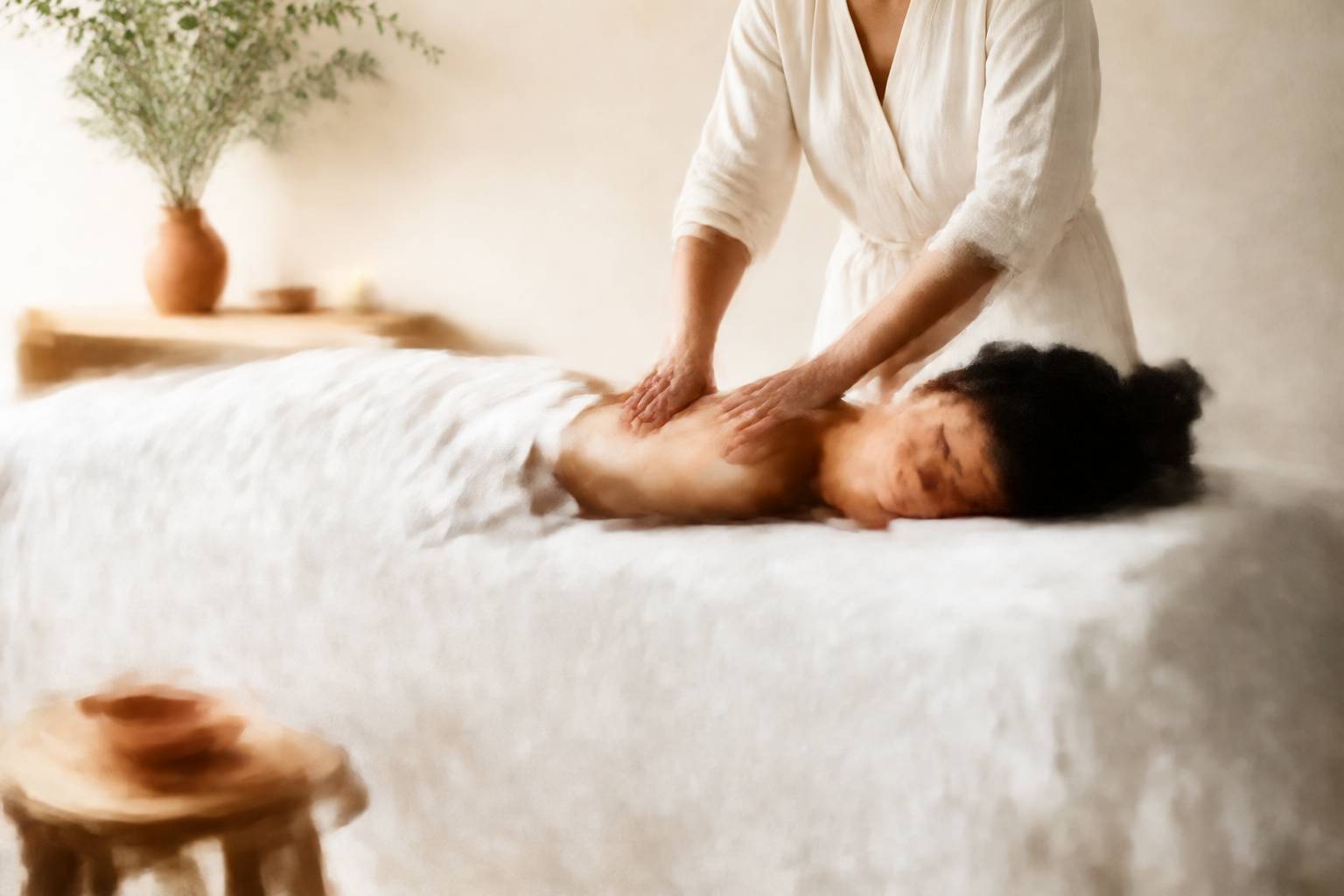 Personne allongee recevant un massage californien drap blanc
