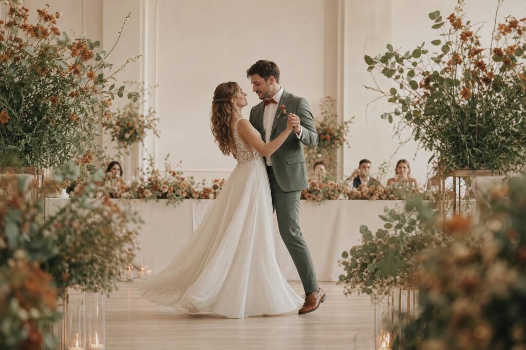Couple dansant l ouverture de bal robe longue et costume mouvement gracieux