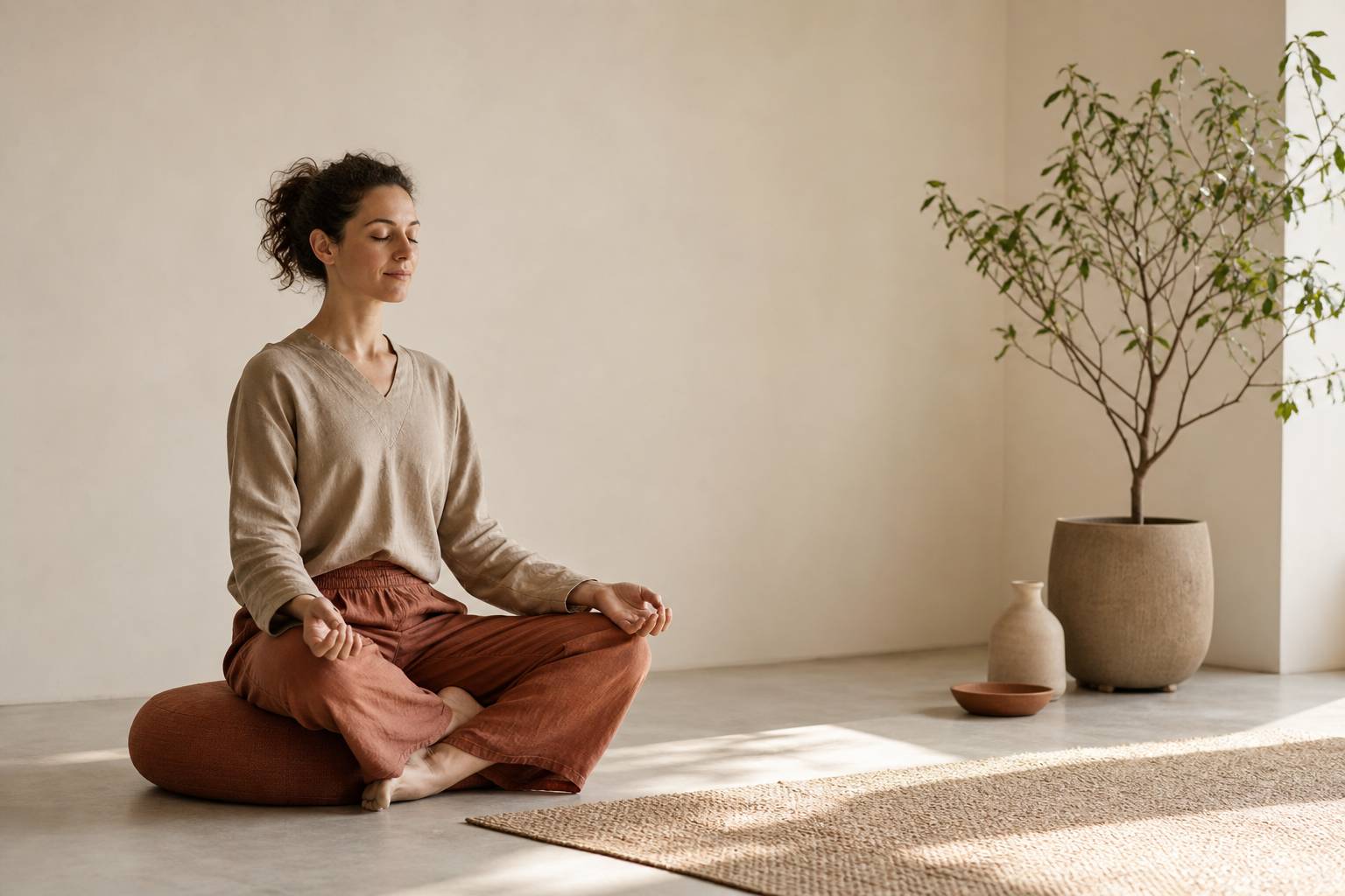 Personne assise en meditation sur un coussin lumiere du matin espace calme