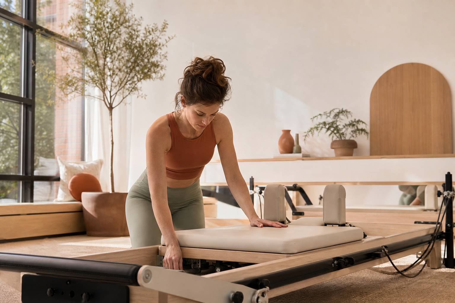 Personne ajustant le Pilates reformer prete a commencer l'exercice