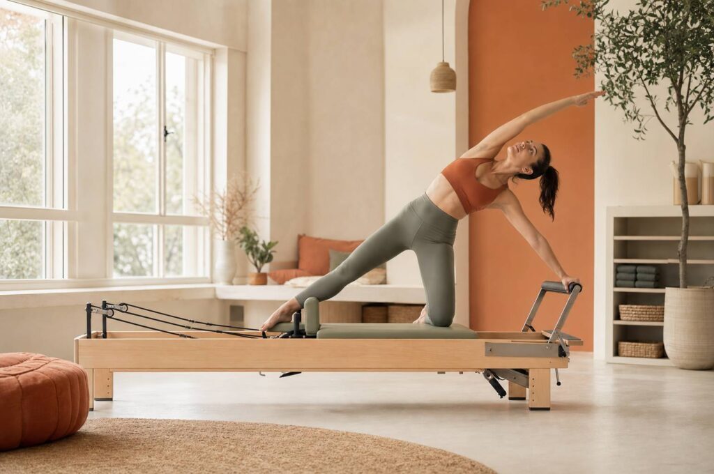 Personne utilisant un Pilates reformer dans un studio lumineux