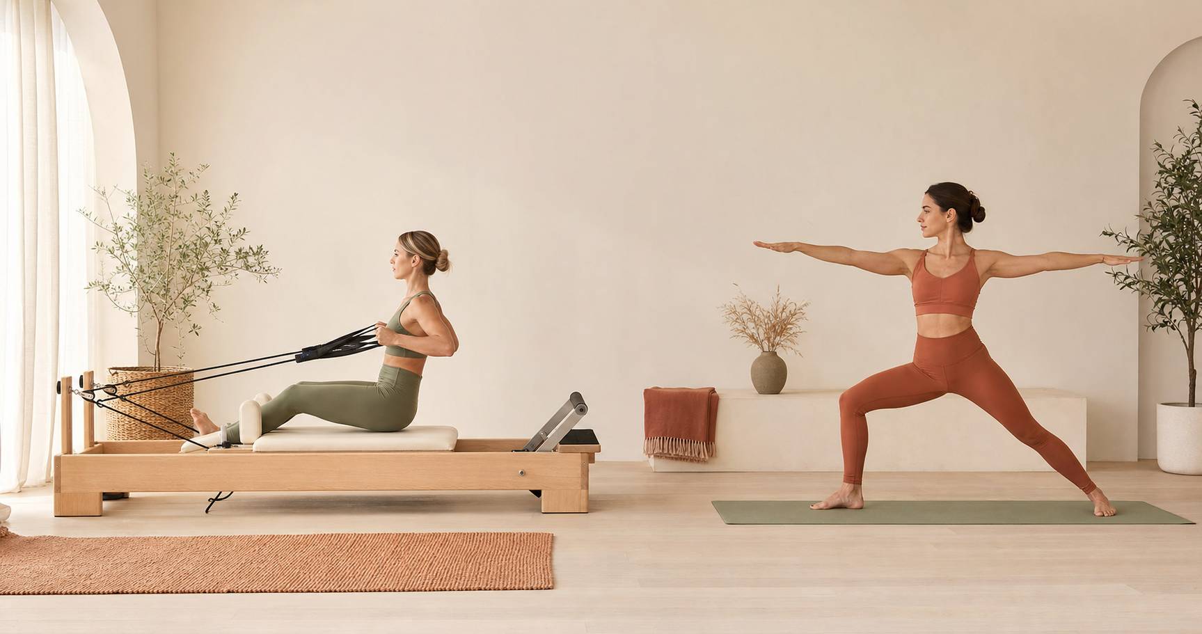 Pilates reformer et yoga debout côte à côte dans un studio