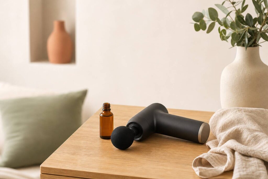 Pistolet de massage electrique sur table en bois dans espace bien-etre