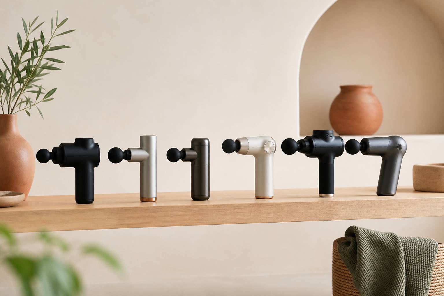 Plusieurs pistolets de massage alignes sur une etagere en bois