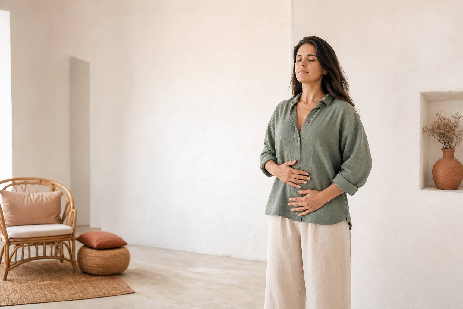 Personne les mains sur le ventre pratiquant la respiration sophrologique debout