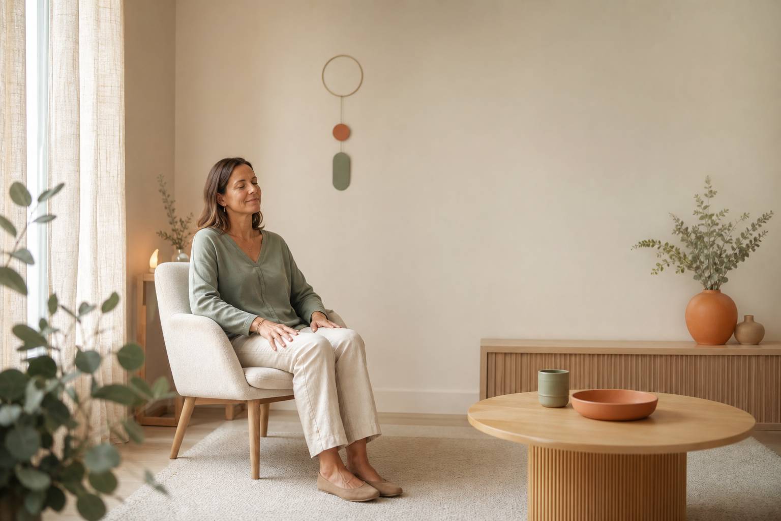 Personne assise dans un fauteuil chez un sophrologue posture de relaxation