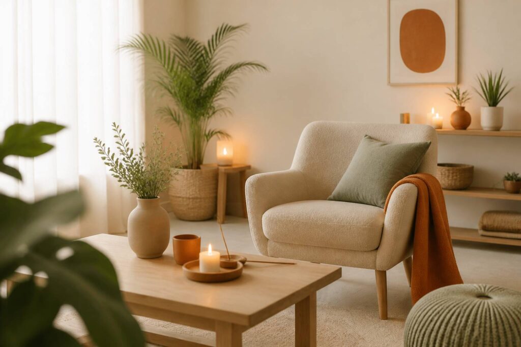 Cabinet de sophrologue apaisant avec fauteuil lumieres tamisees et plantes