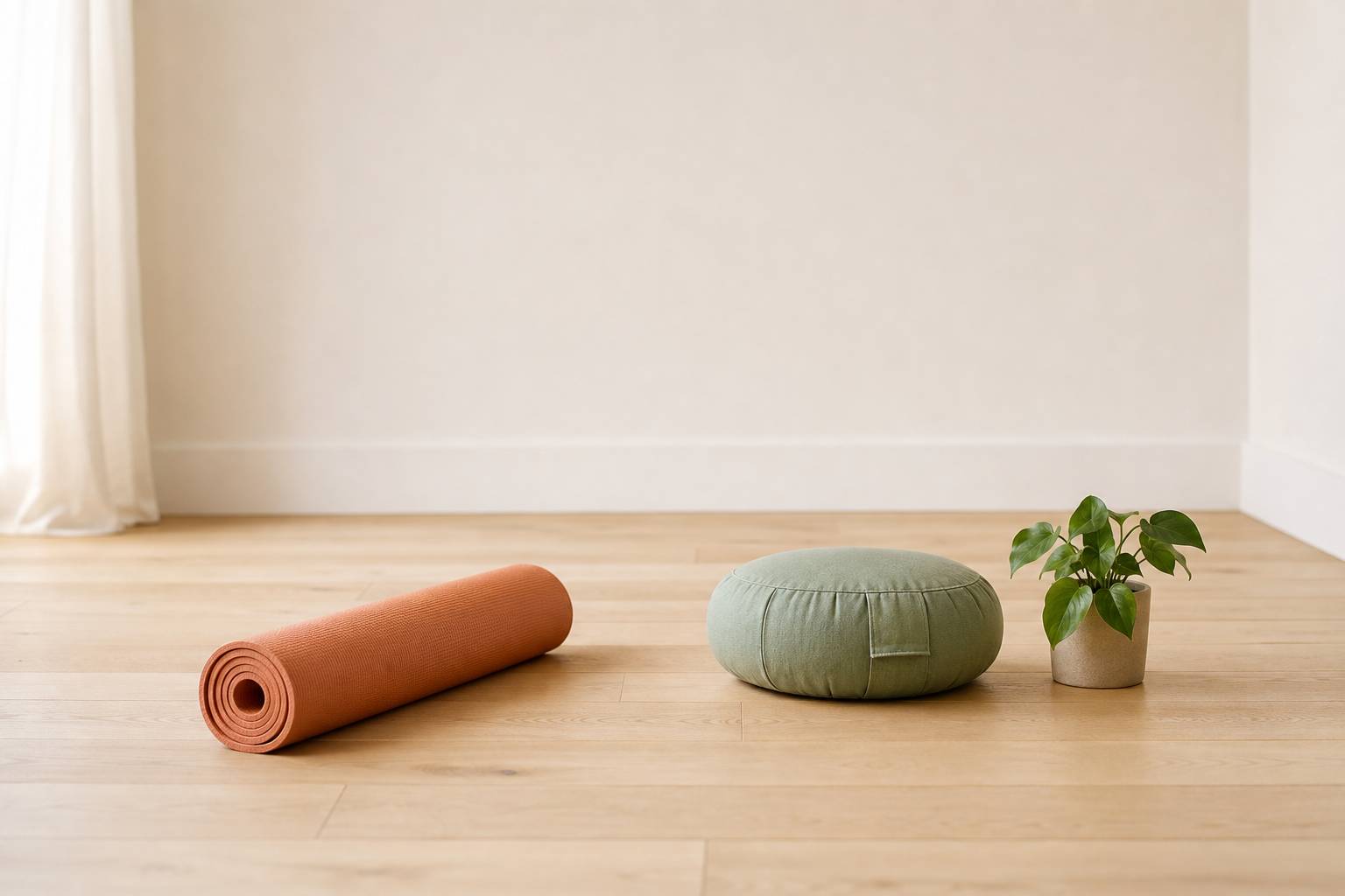 Tapis de yoga roulé avec coussin de méditation sur parquet clair