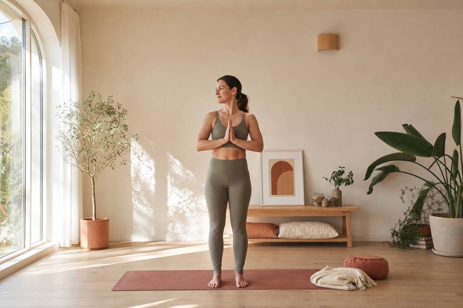 Personne debout mains jointes en posture de yoga matinale