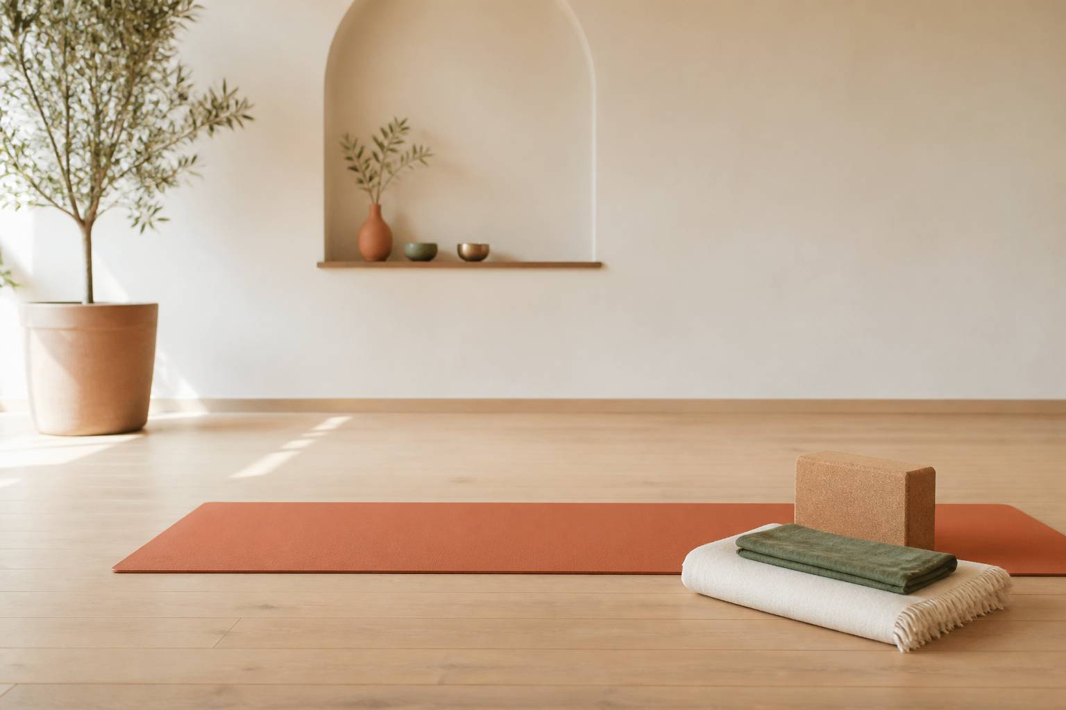 Tapis de yoga avec bloc en liège et couverture pliée dans un studio lumineux