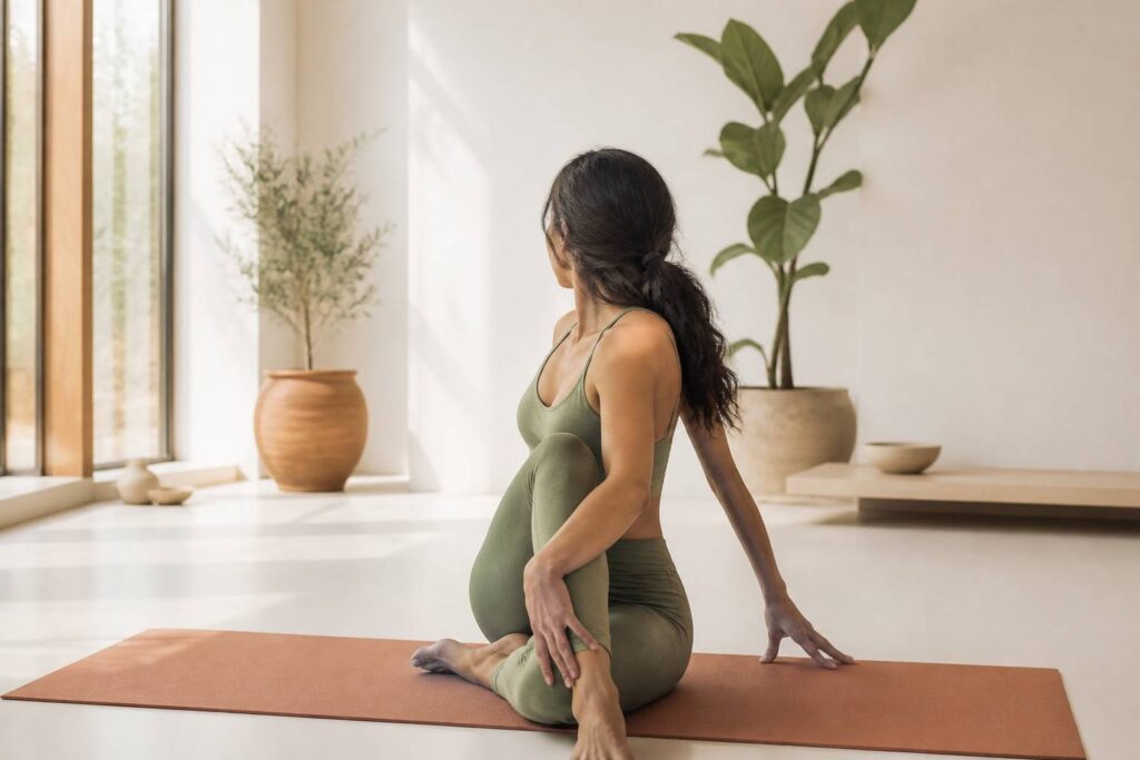 Personne assise en torsion de yoga dans un studio clair