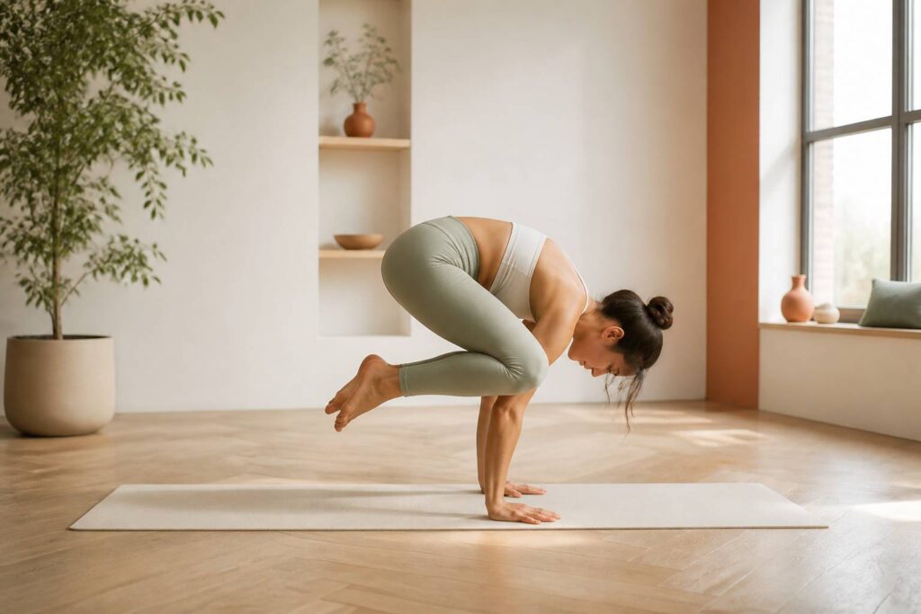 Pratiquant de yoga en posture du corbeau Bakasana dans un studio lumineux