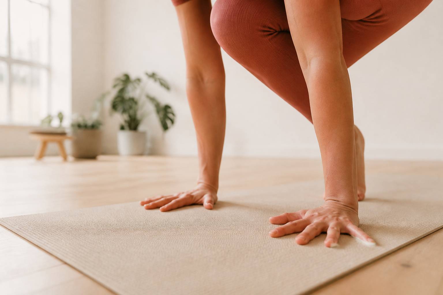 Mains fermement posées sur un tapis de yoga pour préparer la posture du corbeau