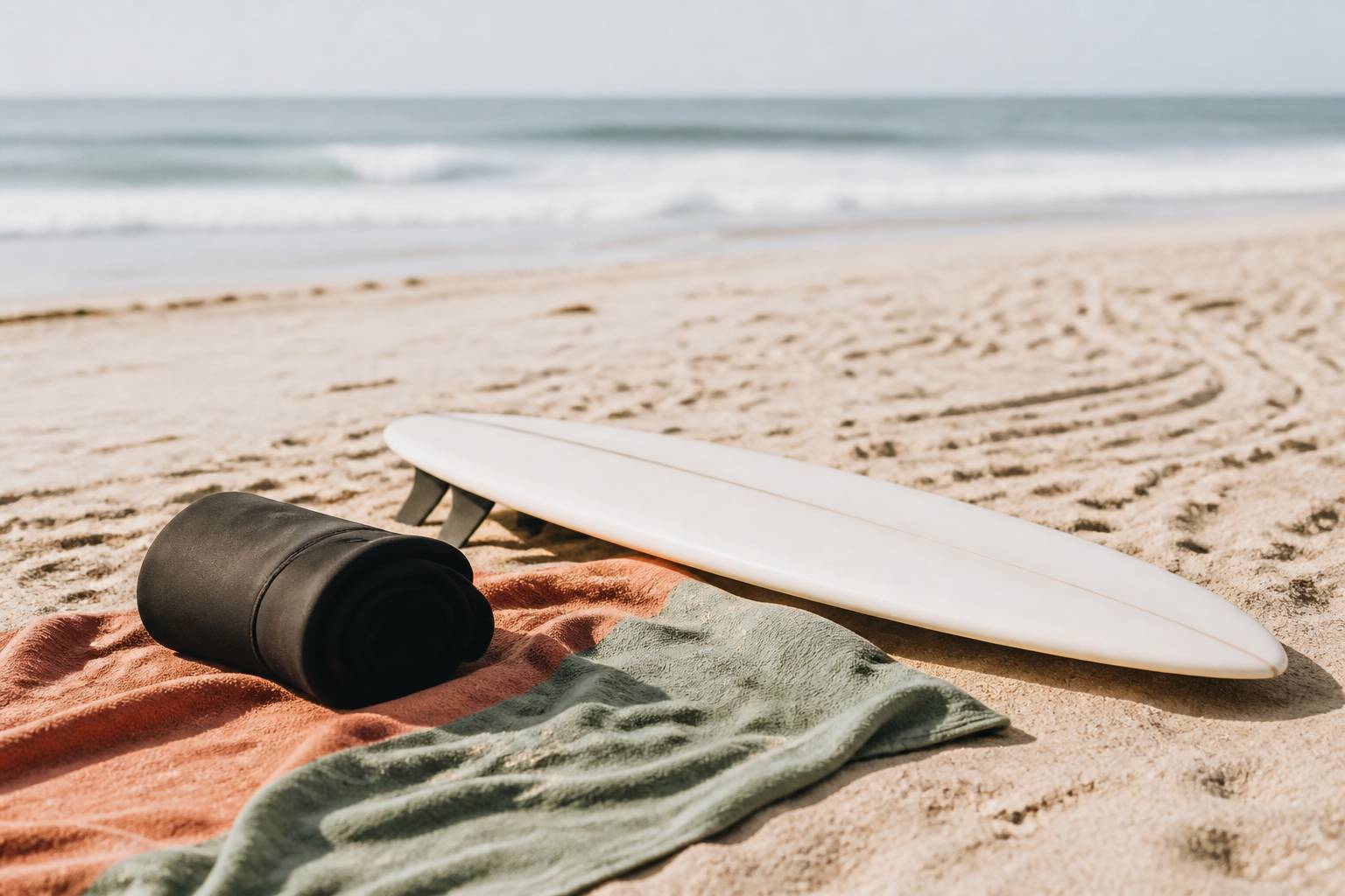 Planche de surf et combinaison roulée sur le sable au bord des vagues