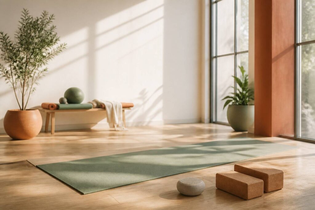 Studio de yoga lumineux avec tapis déroulé, blocs et enceinte musicale