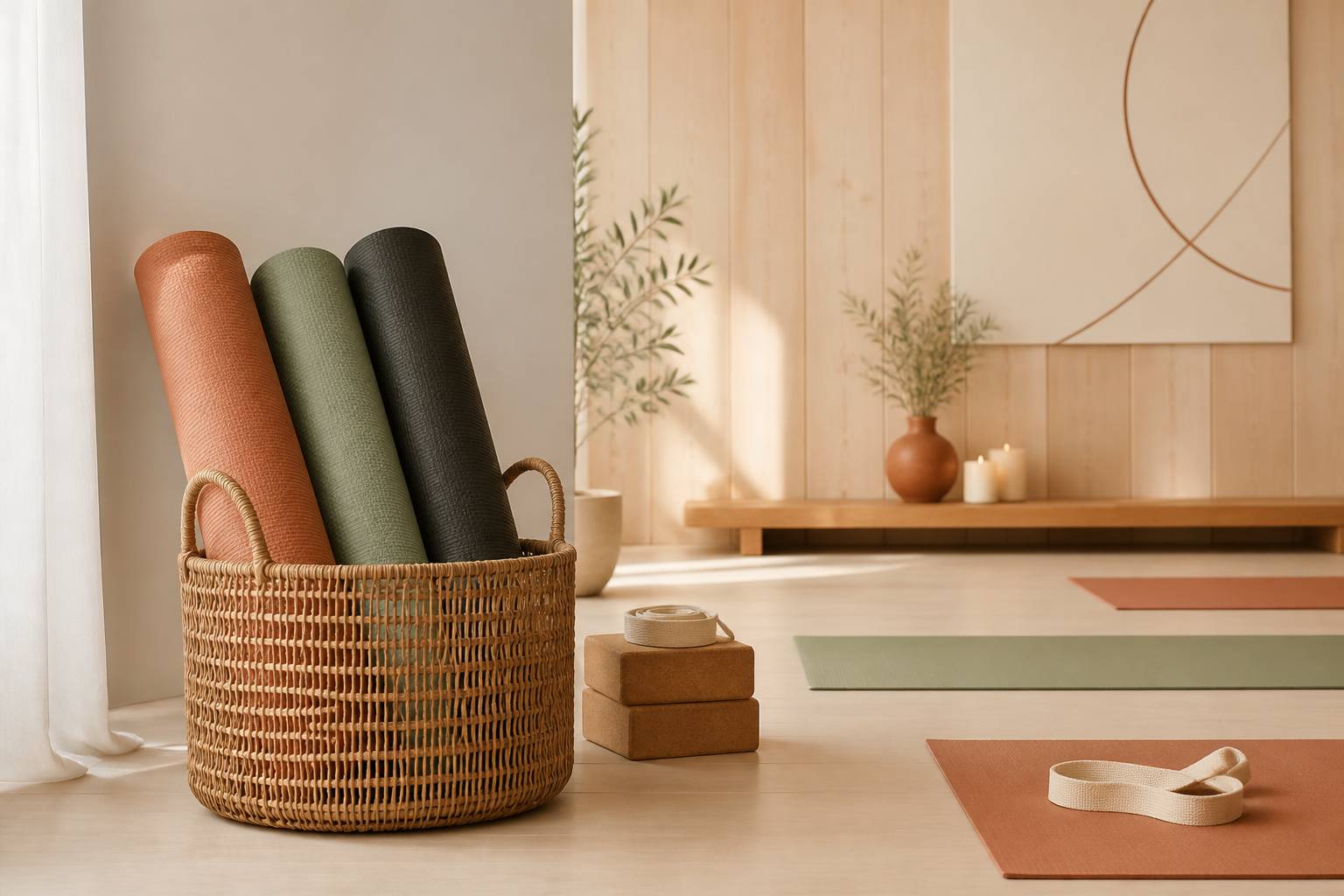 Tapis de yoga roulés et accessoires de pratique dans une salle en bois clair