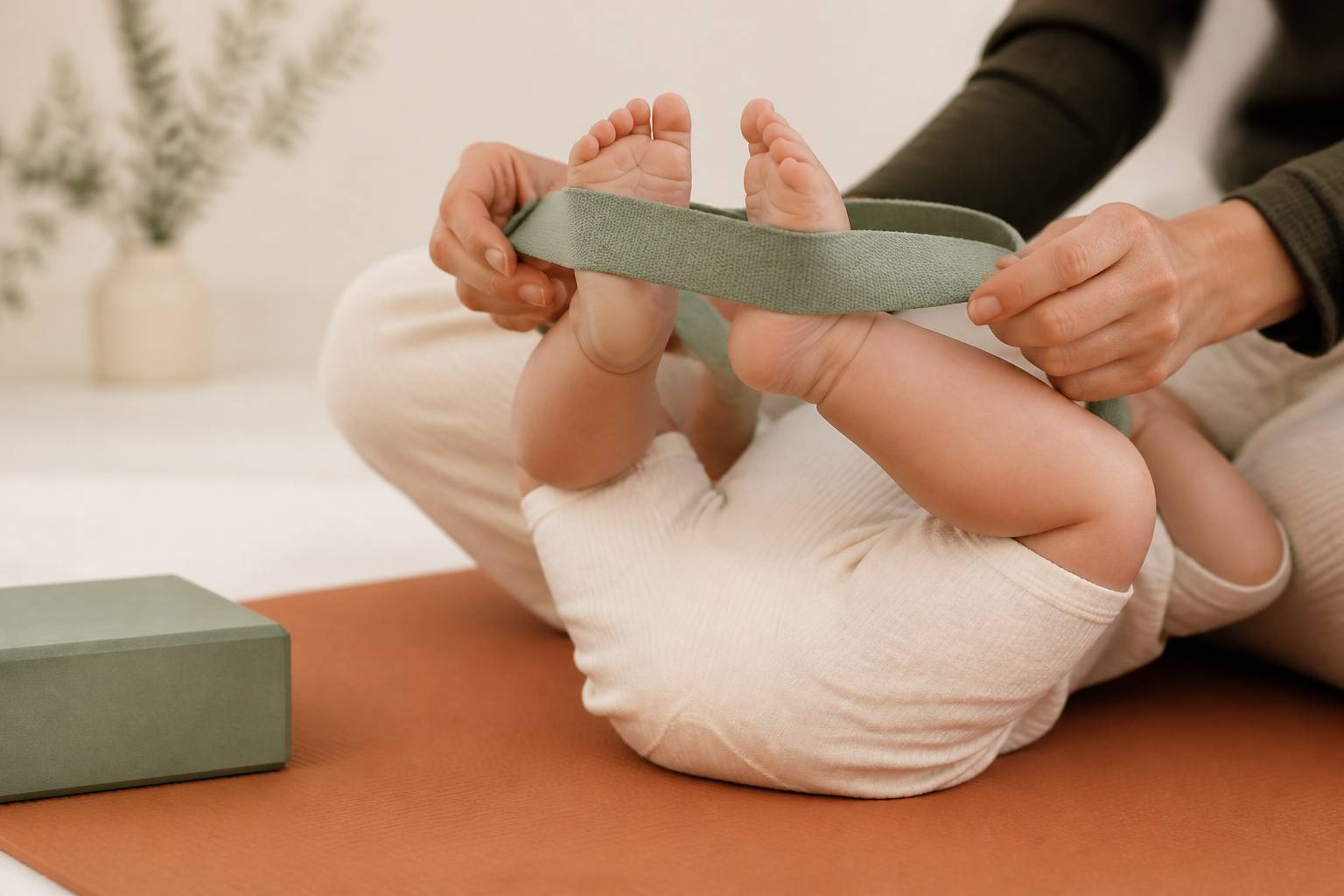 Mains tenant les pieds avec une sangle dans la posture du bébé heureux