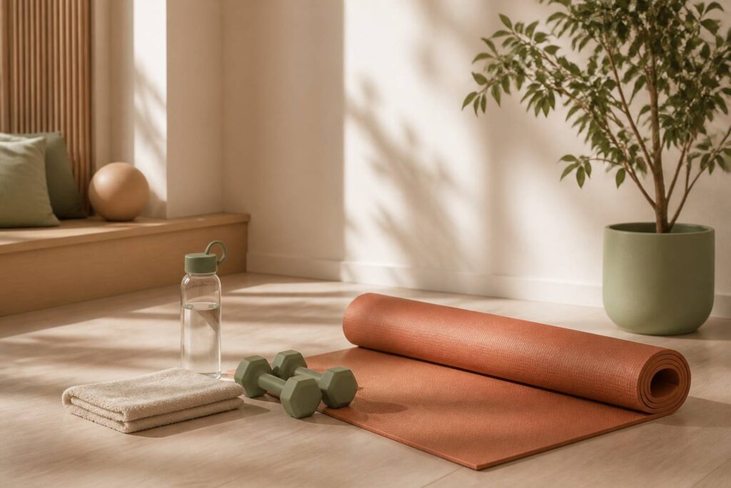 Coin sport à domicile avec tapis de sol, haltères et serviette