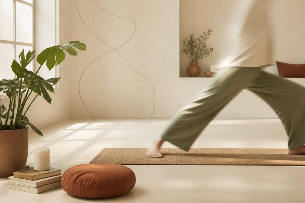 Studio de yoga épuré avec tapis, coussin de méditation et bougie