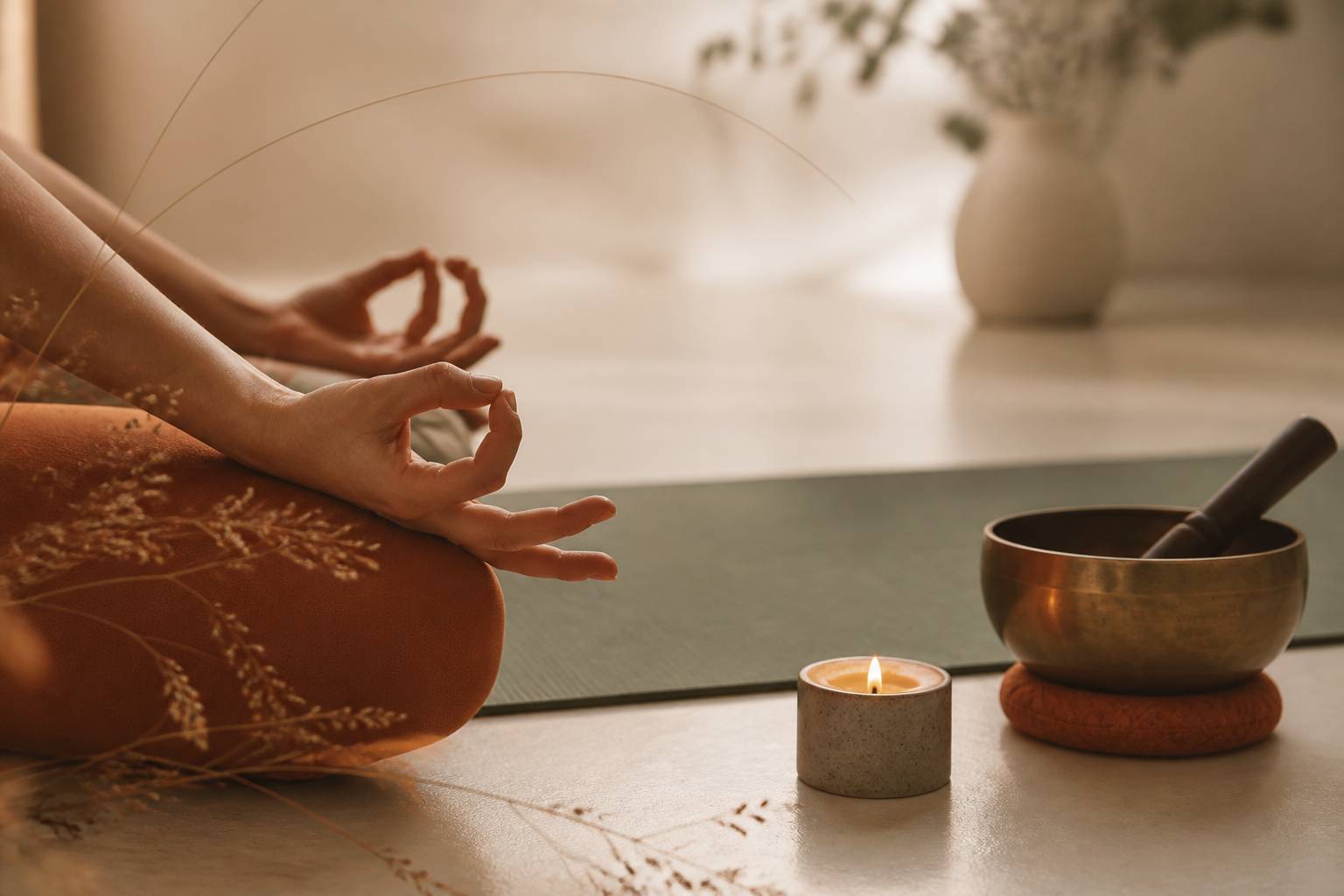 Mains en position de méditation avec bougie et bol tibétain