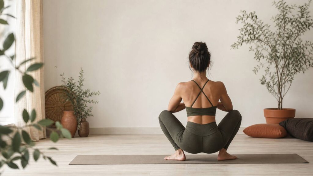 Personne pratiquant la posture de yoga Malasana dans un studio lumineux aux murs blanc cassé avec plantes vertes