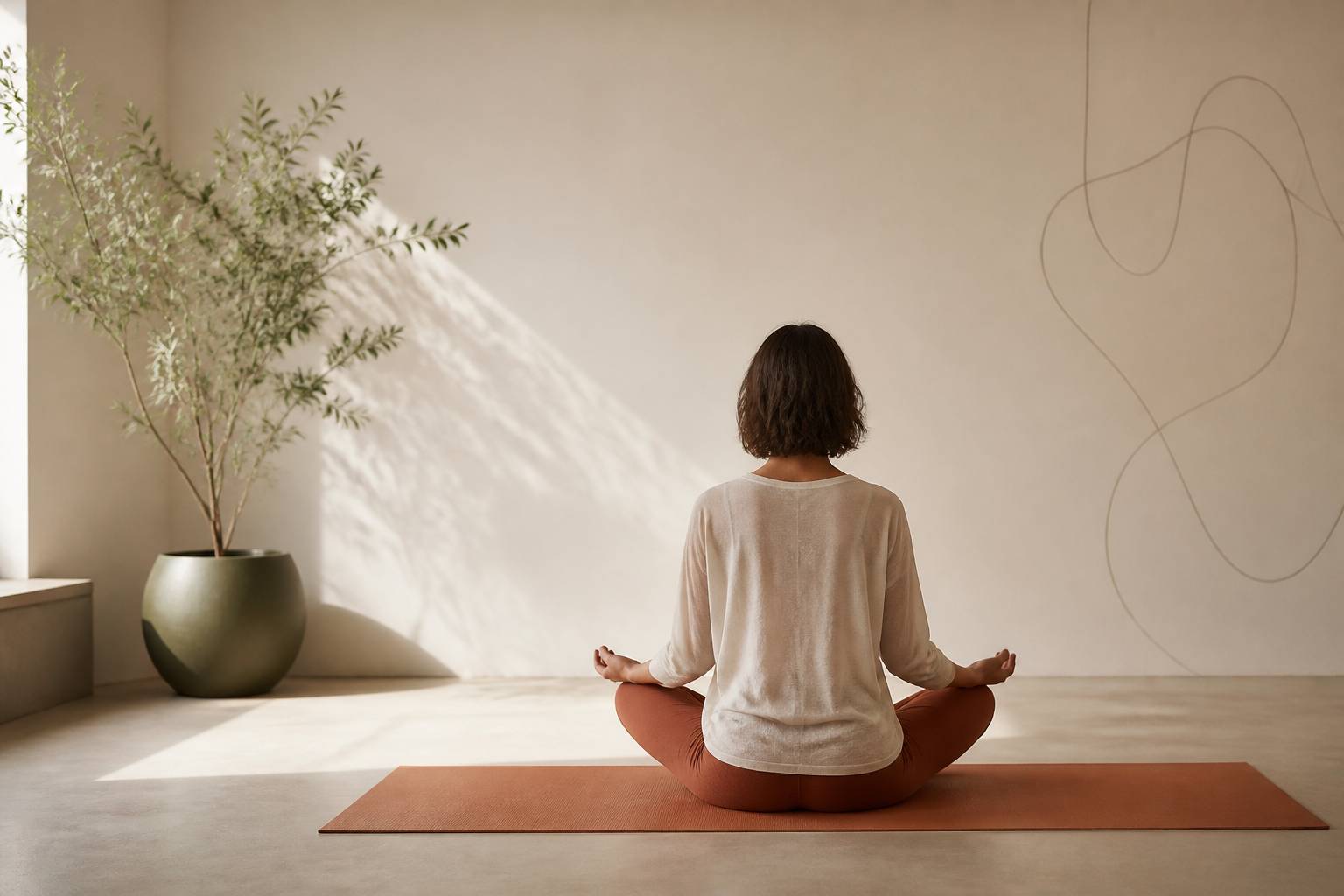 Personne assise en tailleur vue de dos sur un tapis de yoga