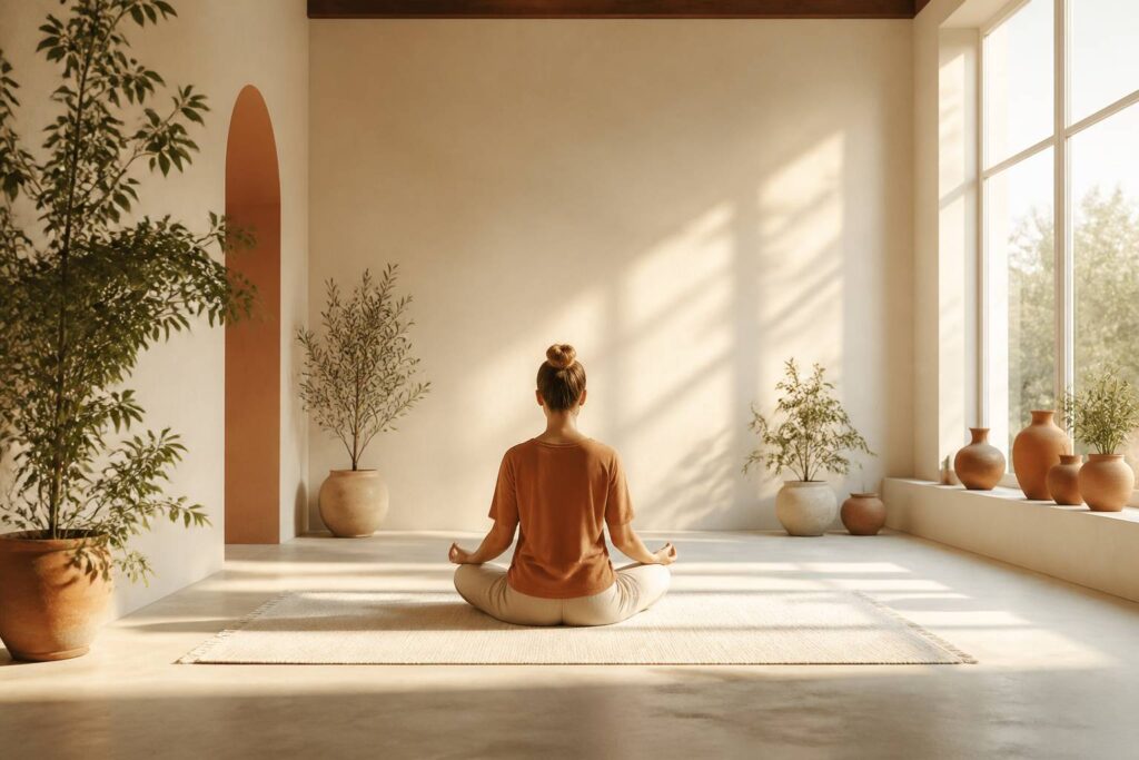 Personne en méditation vue de dos dans un studio lumineux aux teintes chaudes