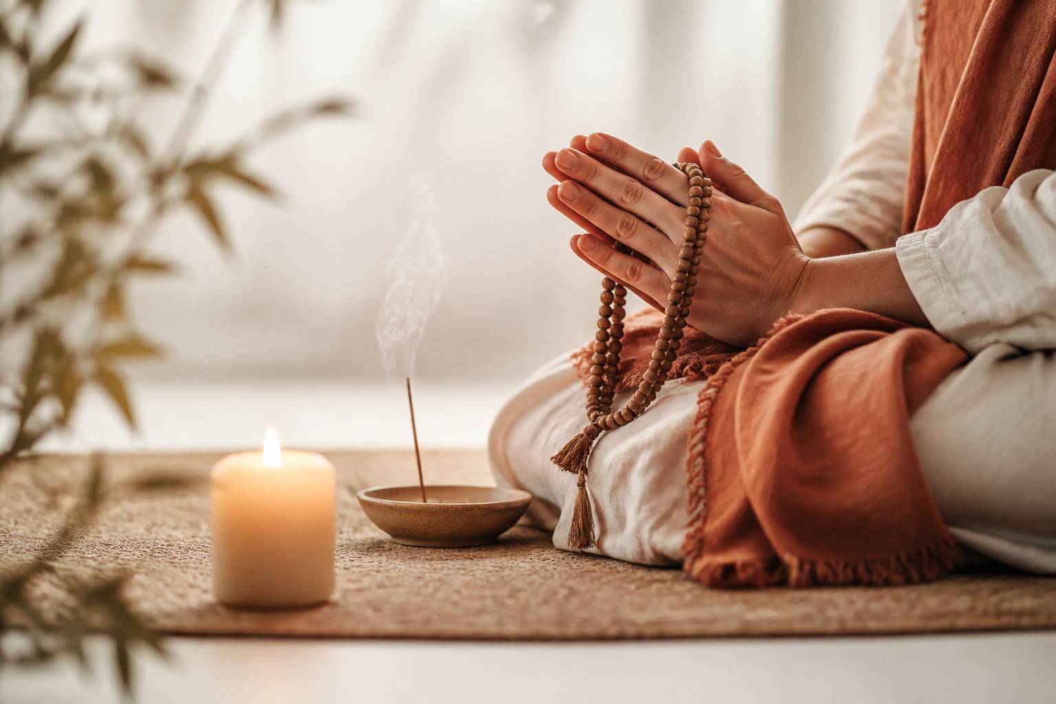 Mains en prière avec un mala et une bougie lors d'une méditation matinale