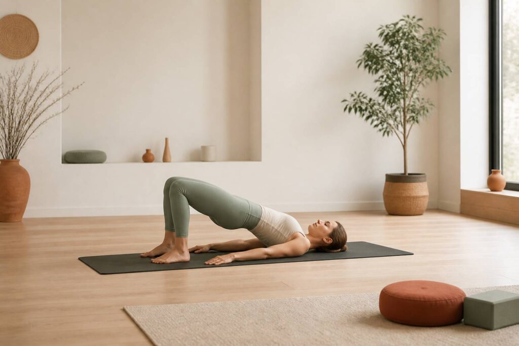 Personne réalisant un exercice de pont fessier dans un studio de pratique lumineux
