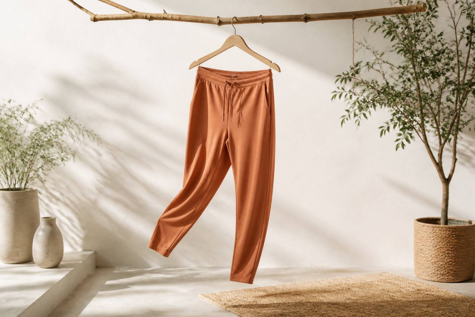 Pantalon de yoga homme suspendu à un cintre en bois