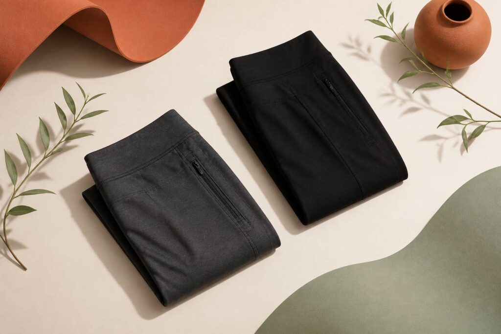 Pantalons de yoga homme pliés en flat-lay sur fond crème