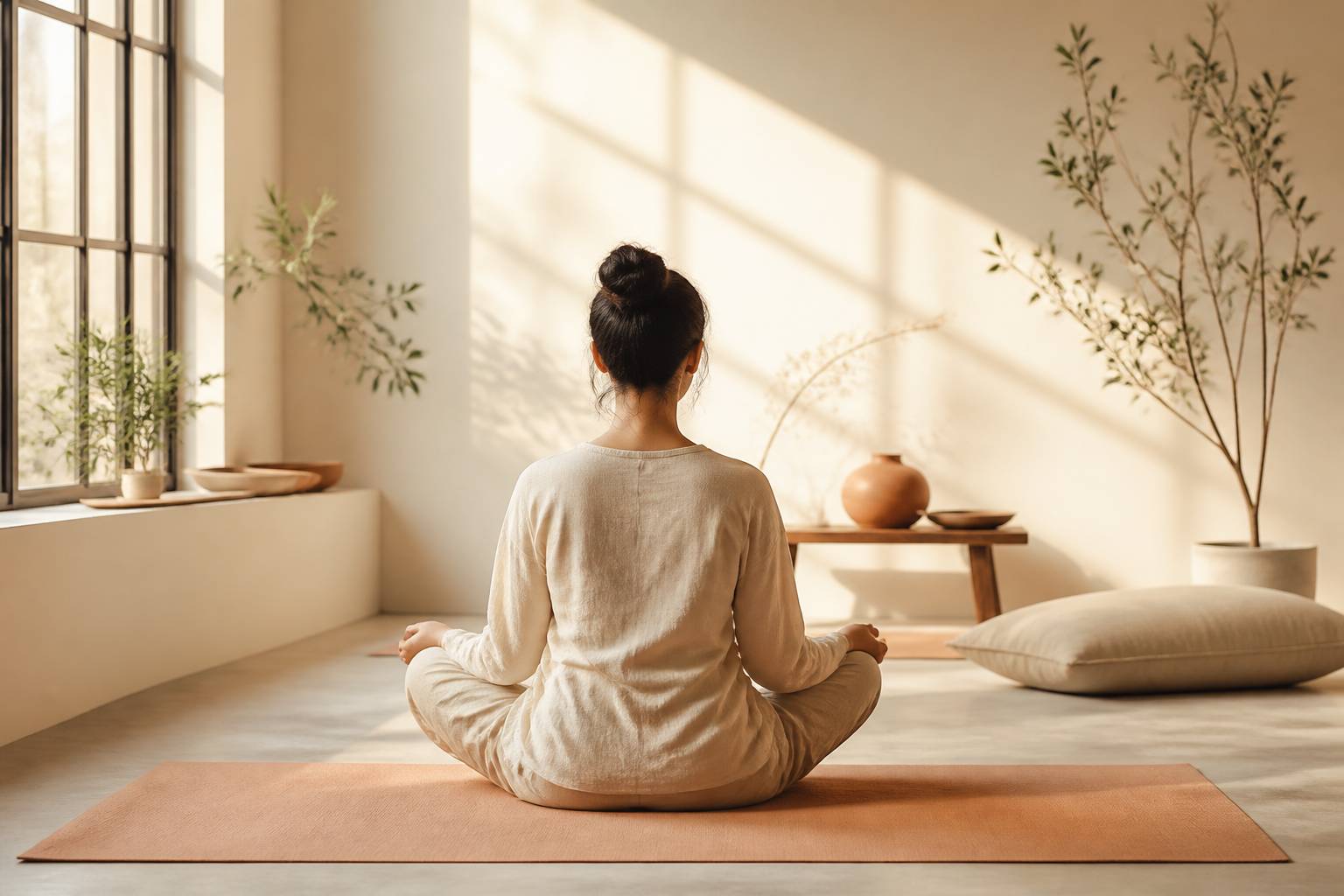 Personne assise en tailleur sur un tapis, vue de dos