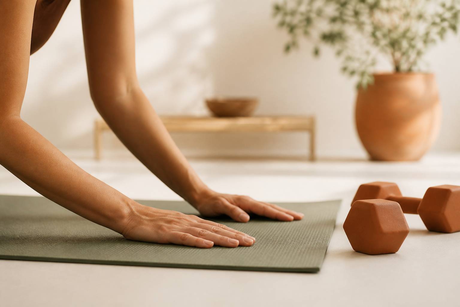 Posture de gainage sur tapis avec haltères légers
