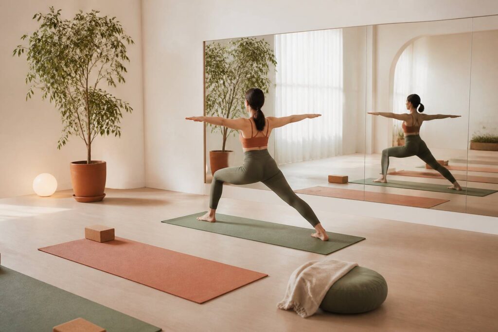 Personne en posture de guerrier dans un studio de yoga lumineux