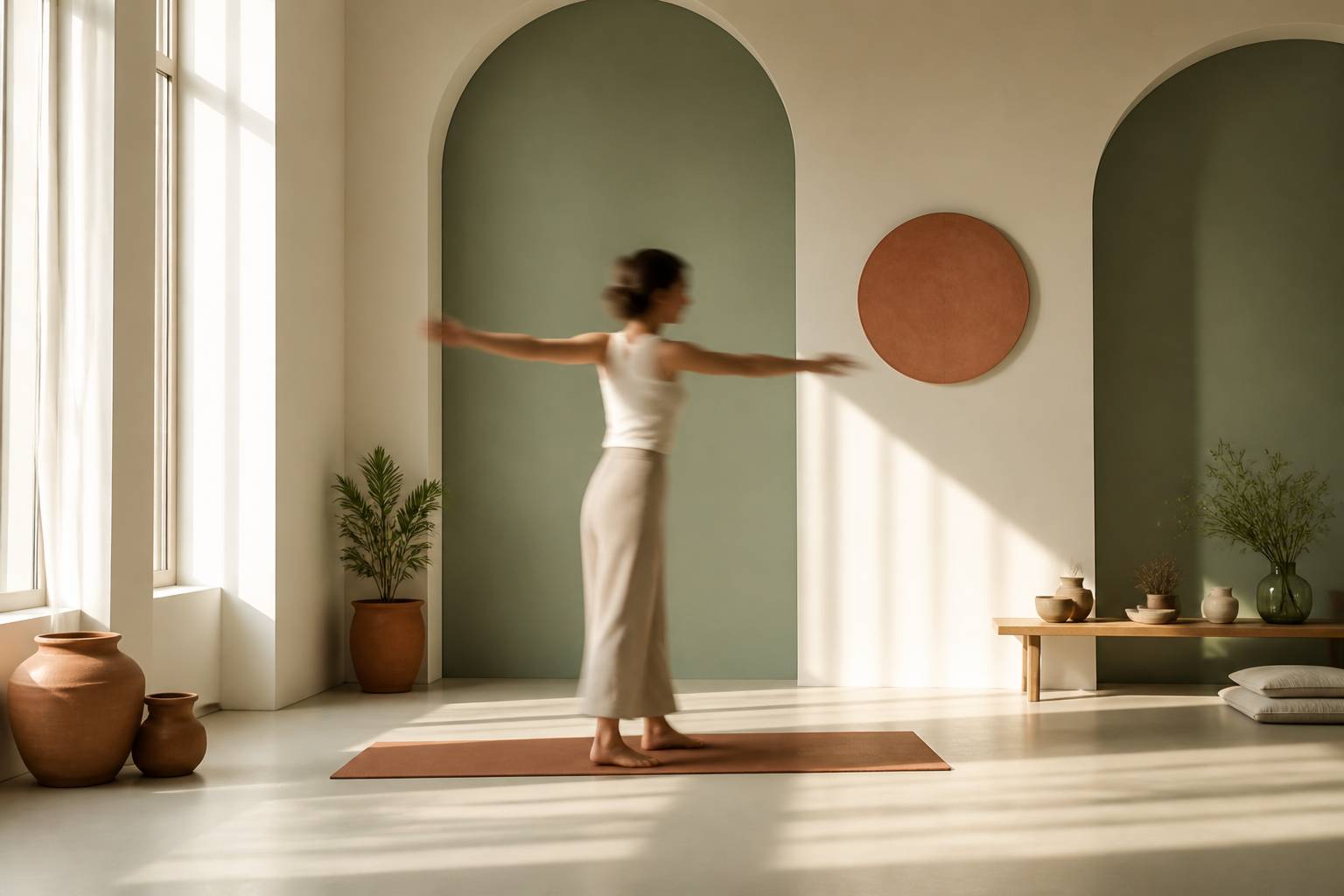 Posture de yoga debout dans un studio lumineux aux tons crème