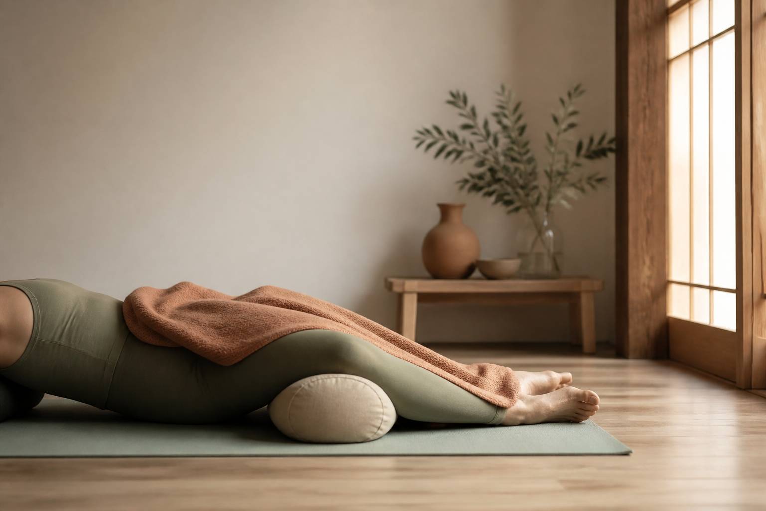 Personne en posture de yin yoga allongée sur un tapis avec traversin
