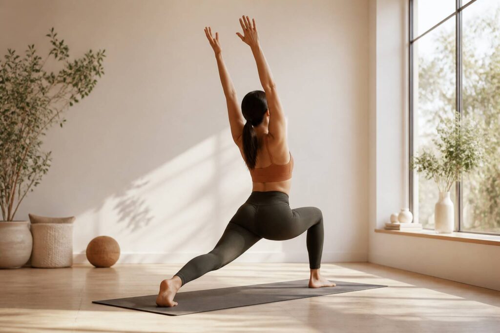 Personne vue de dos pratiquant le power yoga dans un studio lumineux