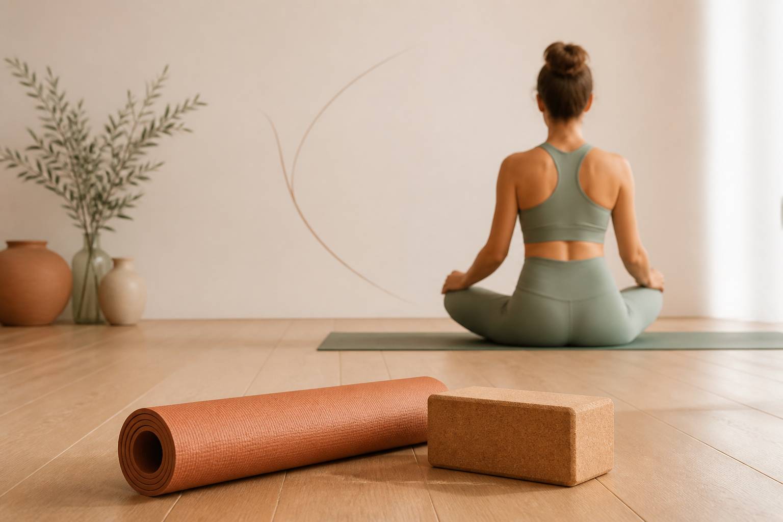 Tapis de yoga et bloc en liège dans un studio