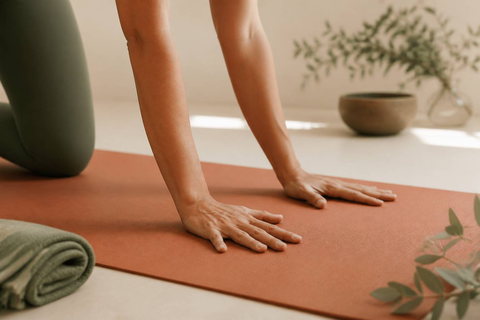 Mains et poignets posés sur un tapis de yoga
