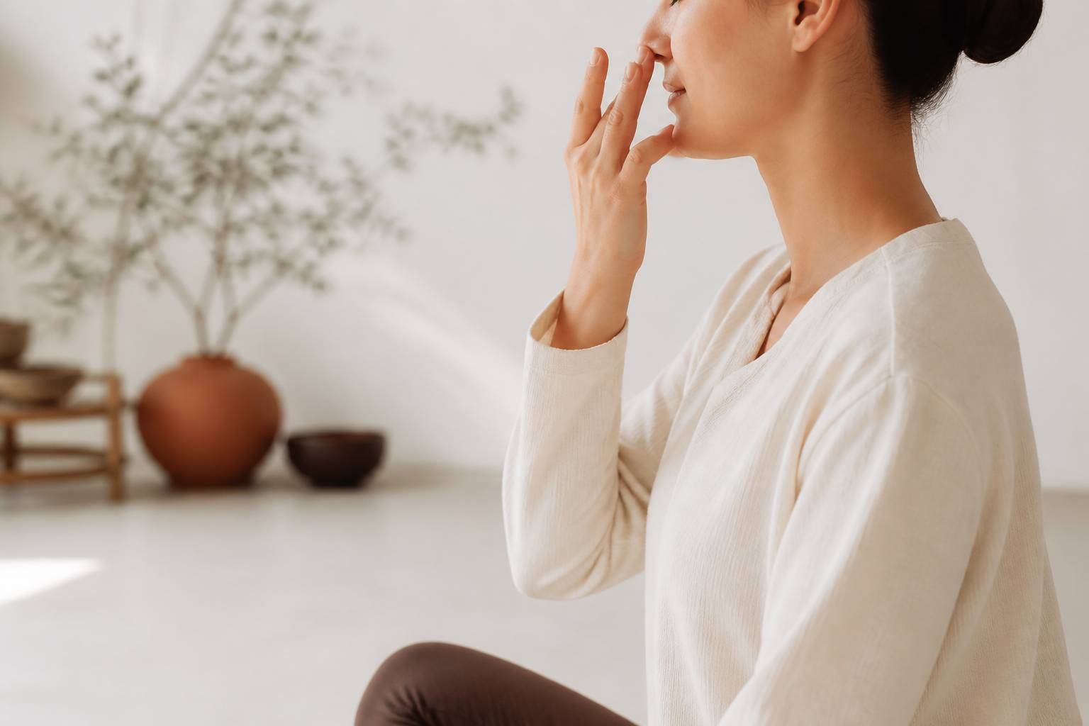 Profil d'une personne pratiquant la respiration alternée avec la main près de la narine