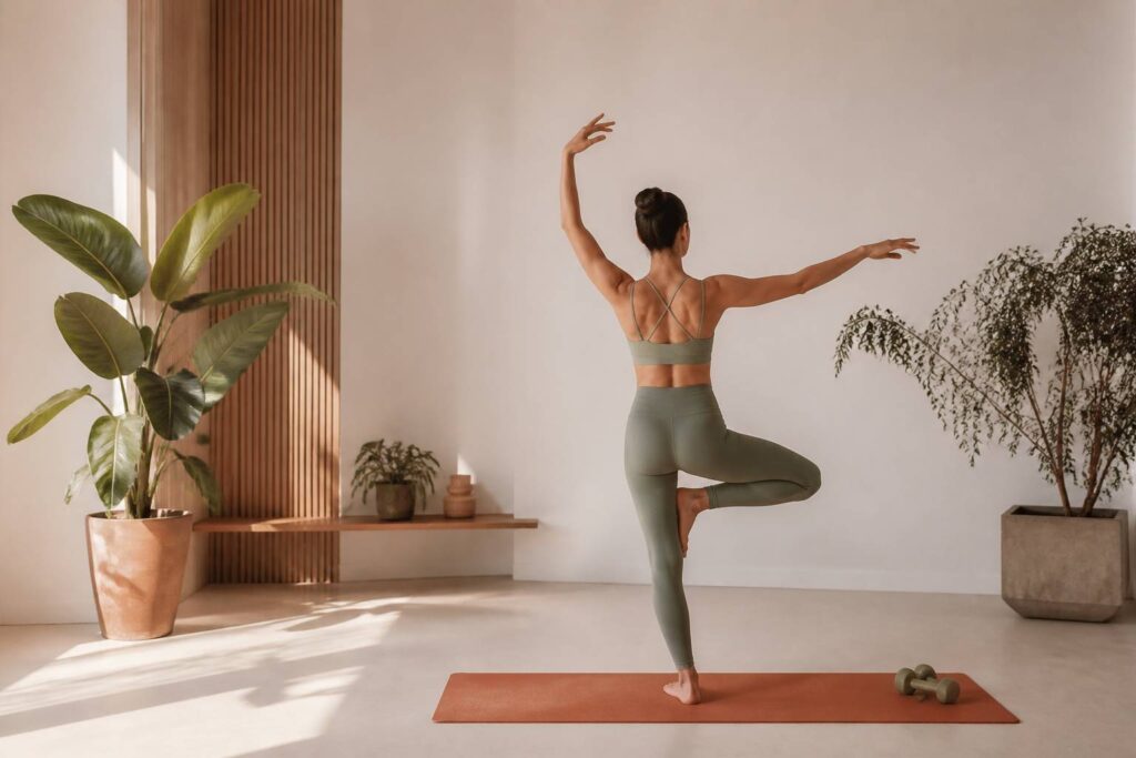 Pratique de yoga avec haltères dans un studio lumineux