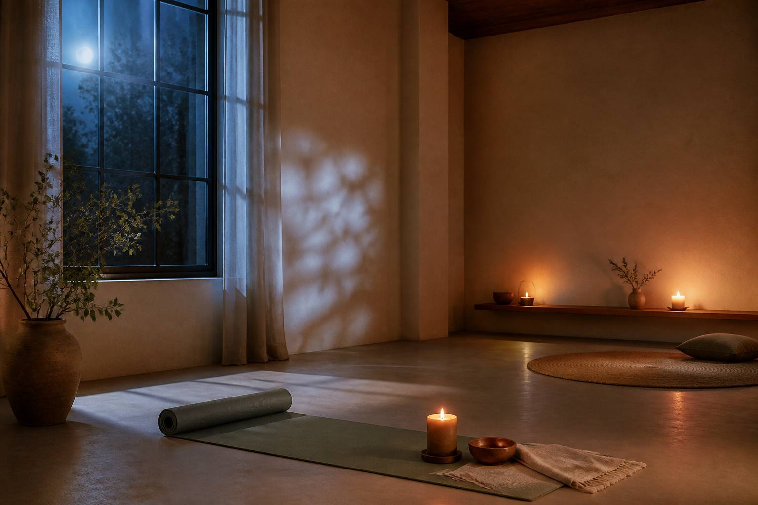 Bougie allumée et tapis de pratique dans une pièce baignée de clair de lune