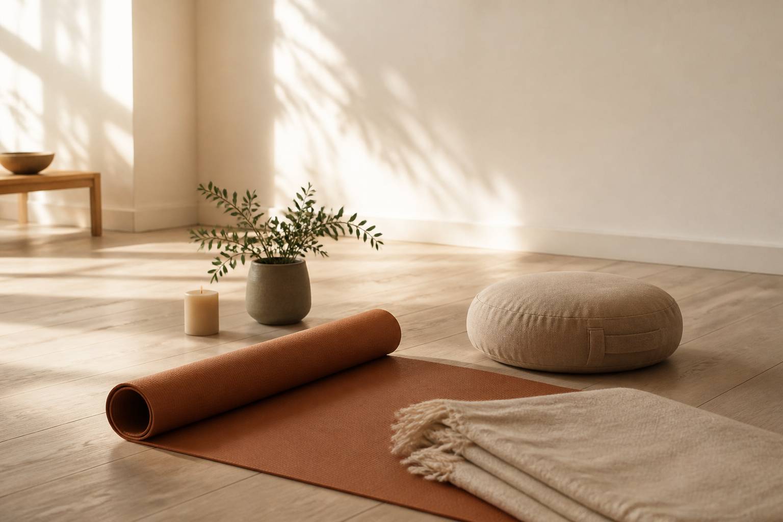 Tapis de yoga enroulé, coussin et plante verte dans un coin calme et lumineux