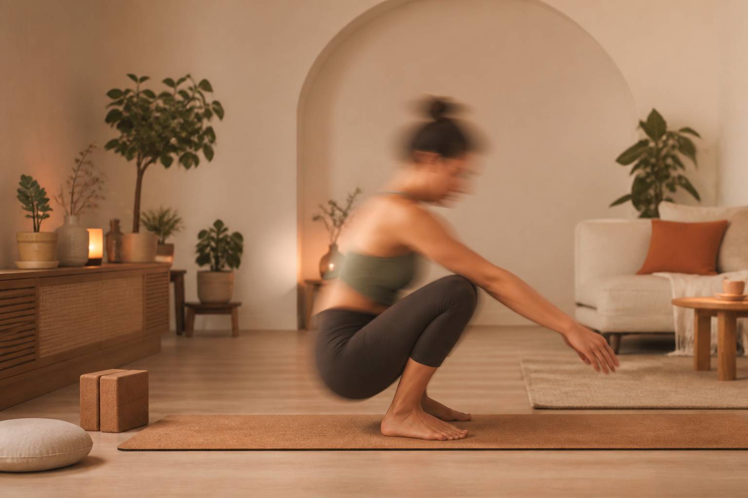 Silhouette floue faisant un squat sur un tapis de sol dans un salon