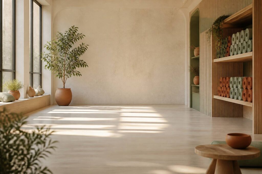 Studio de yoga lumineux et épuré avec tapis et espace de pratique