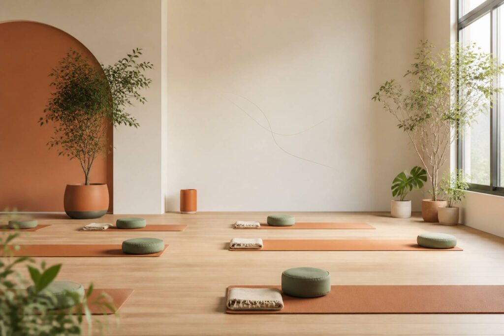 Salle de yoga lumineuse avec tapis alignés, plantes vertes et lumière naturelle